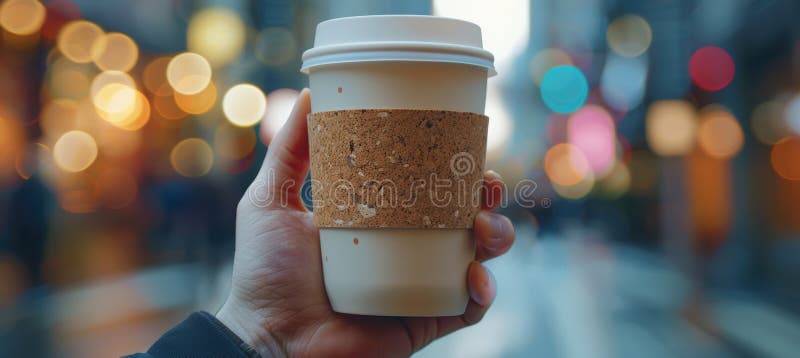 Coppa del caffè di ceramica eco-compatibile con il sughero e la manicotto sullo sfondo di Blurred City Street immagini stock libere da diritti