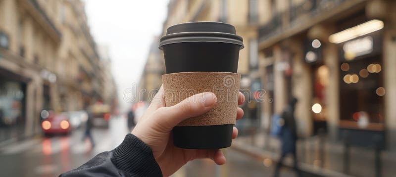 Coppa del caffè di ceramica eco-compatibile con la leeve di sughero sullo sfondo di Blurred City Street immagine stock