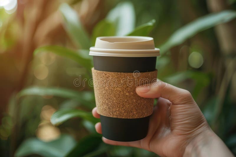 Coppa del caffè eco-compatibile riutilizzabile con la setacciatura di sughero in ambiente naturale fotografie stock