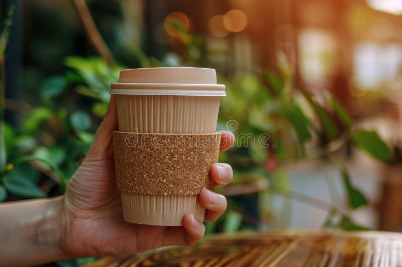 Coppa del caffè eco-compatibile riutilizzabile con la setacciatura di sughero in ambiente naturale fotografie stock libere da diritti