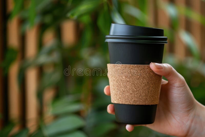 Coppa del caffè eco-compatibile riutilizzabile con la setacciatura di sughero in ambiente naturale immagini stock