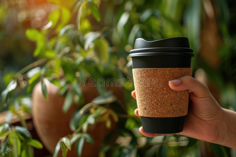 Coppa del caffè eco-compatibile riutilizzabile con la setacciatura di sughero in ambiente naturale fotografia stock