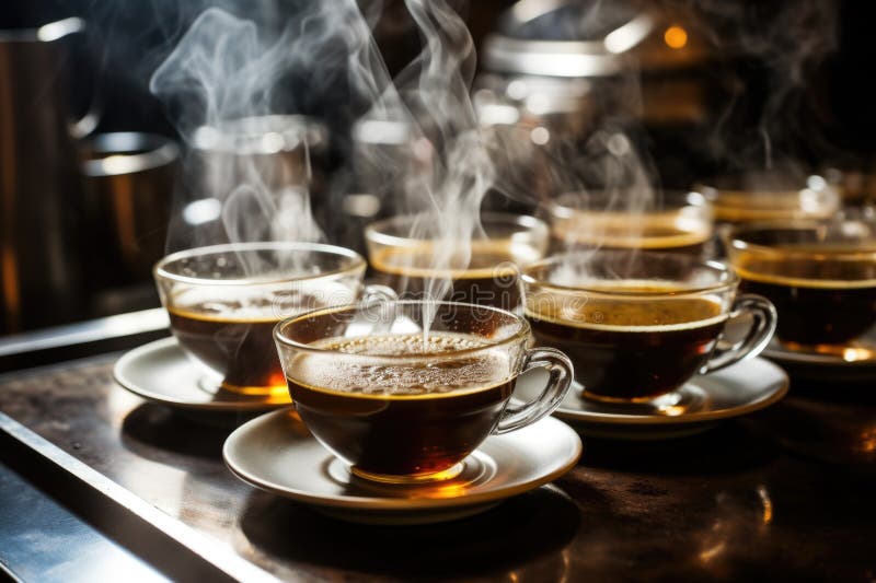 Coppe a vapore su dischi in salsa in classe degustazione di caffè fotografia stock libera da diritti