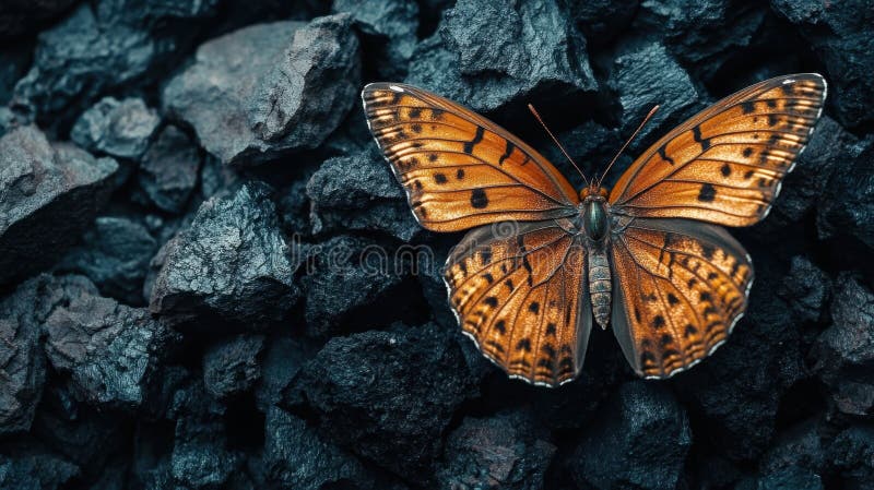 A copper butterfly resting on black coal for contrasting visual impact vector illustration