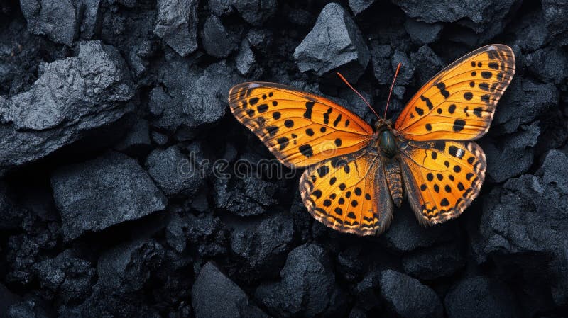 A copper butterfly resting on black coal for contrasting visual impact royalty free illustration