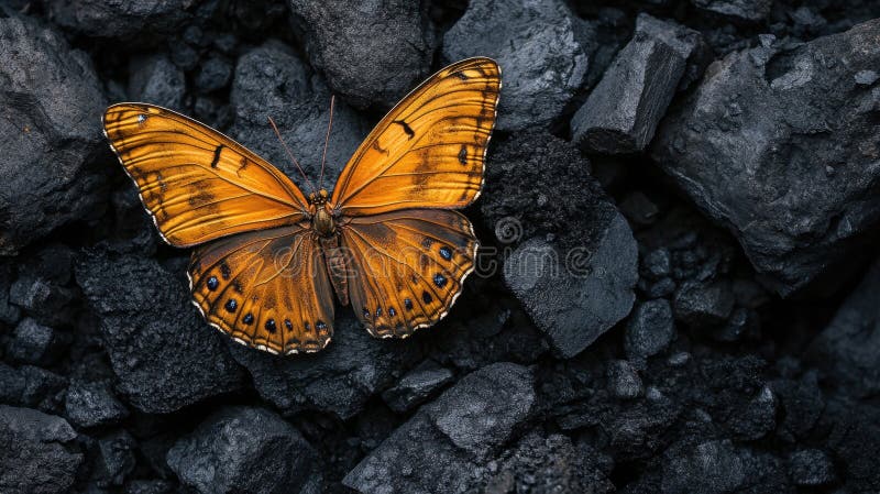 A copper butterfly resting on black coal for contrasting visual impact royalty free illustration