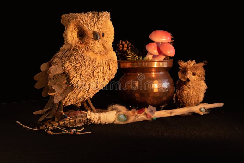 Copper cauldron with mushrooms and pine cones, a magic wand with quartz and amethyst crystals and an owl mother and child made fro stock images Copper cauldron with mushrooms and pine cones, a magic wand with quartz and amethyst crystals and an owl mother and child made fro stock images