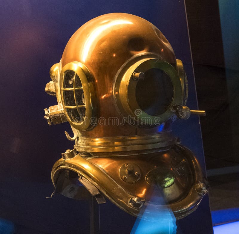 Copper diving helmet in the maritime museum La Cite de La Mer or City of the Sea in Cherbourg, Normandy, France royalty free stock image Copper diving helmet in the maritime museum La Cite de La Mer or City of the Sea in Cherbourg, Normandy, France royalty free stock image