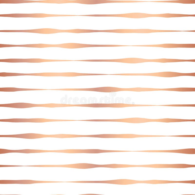 Copper foil hand drawn horizontal lines seamless vector pattern. Rose gold wavy irregular stripes on white background. Elegant royalty free illustration