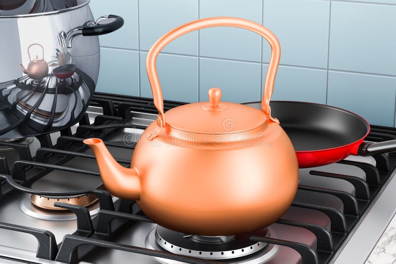 Copper Kettle on the Gas Stove in Kitchen Interior. 3D Rendering Stock