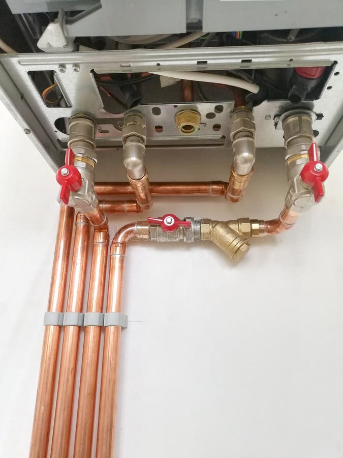 Copper Pipes Engineering in Boilerroom. Heating System with Copper