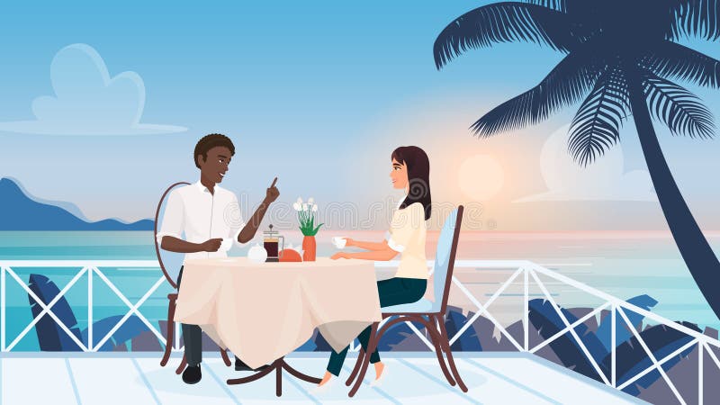 Coppia di innamorati che esce in un bar all'aperto seduto sulla terrazza delle spiagge tropicali illustrazione vettoriale