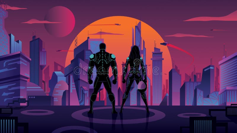 Coppia di supereroi nella città futuristica 2 illustrazione vettoriale