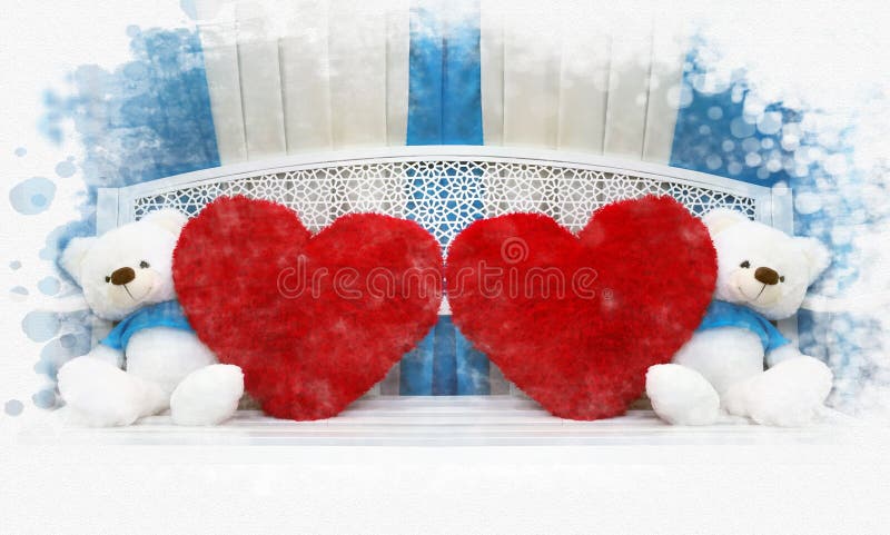 Coppia la bambola dell'orsacchiotto che si siede sul banco con i cuscini rossi del cuore fotografie stock libere da diritti Coppia la bambola dell'orsacchiotto che si siede sul banco con i cuscini rossi del cuore fotografie stock libere da diritti