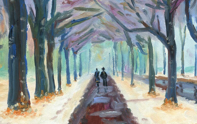 Coppia la camminata sul marciapiede bagnato sotto gli alberi nell'inverno illustrazione vettoriale Coppia la camminata sul marciapiede bagnato sotto gli alberi nell'inverno illustrazione vettoriale