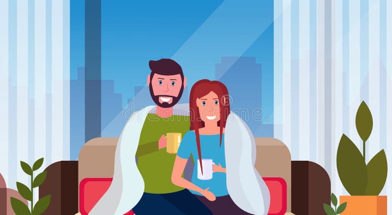Coppia la donna bevente dell'uomo del tè che si siede sullo strato sotto gli amanti felici del plaid accogliente che si rilassano illustrazione vettoriale Coppia la donna bevente dell'uomo del tè che si siede sullo strato sotto gli amanti felici del plaid accogliente che si rilassano illustrazione vettoriale