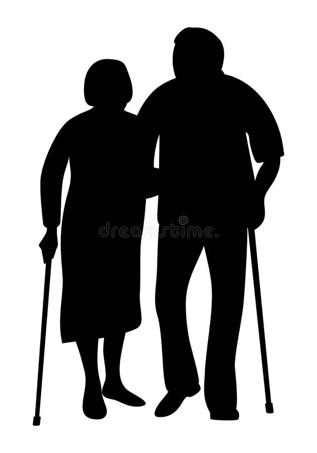 Coppie anziane che si tengono per mano camminata nella siluetta del parco illustrazione di stock Coppie anziane che si tengono per mano camminata nella siluetta del parco illustrazione di stock