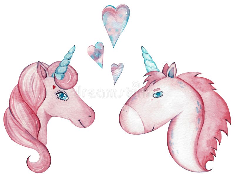 Coppie dell'acquerello gli unicorni svegli isolati su fondo bianco illustrazione di stock Coppie dell'acquerello gli unicorni svegli isolati su fondo bianco illustrazione di stock