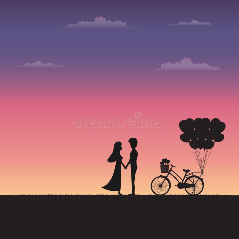 Coppie della siluetta che tengono mano e che stanno insieme sul prato nell'ambito del fondo del cielo di tramonto royalty illustrazione gratis Coppie della siluetta che tengono mano e che stanno insieme sul prato nell'ambito del fondo del cielo di tramonto royalty illustrazione gratis