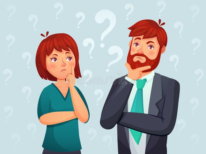 Coppie di pensiero Uomo premuroso e donna, domanda disturbata confusa e la gente trovanti vettore del fumetto di risposta illustrazione di stock Coppie di pensiero Uomo premuroso e donna, domanda disturbata confusa e la gente trovanti vettore del fumetto di risposta illustrazione di stock