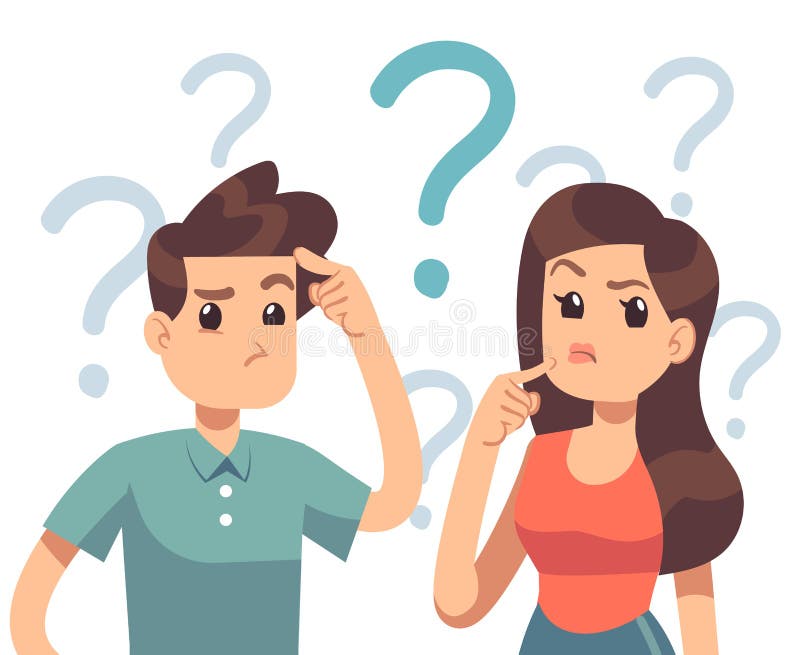 Coppie disturbate giovani Donna confusa ed uomo che pensano insieme La gente con l'illustrazione di vettore dei punti interrogati illustrazione di stock