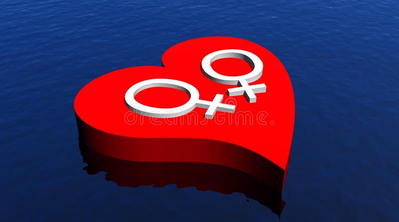 Coppie lesbiche nel cuore rosso che galleggia nell'oceano illustrazione di stock Coppie lesbiche nel cuore rosso che galleggia nell'oceano illustrazione di stock