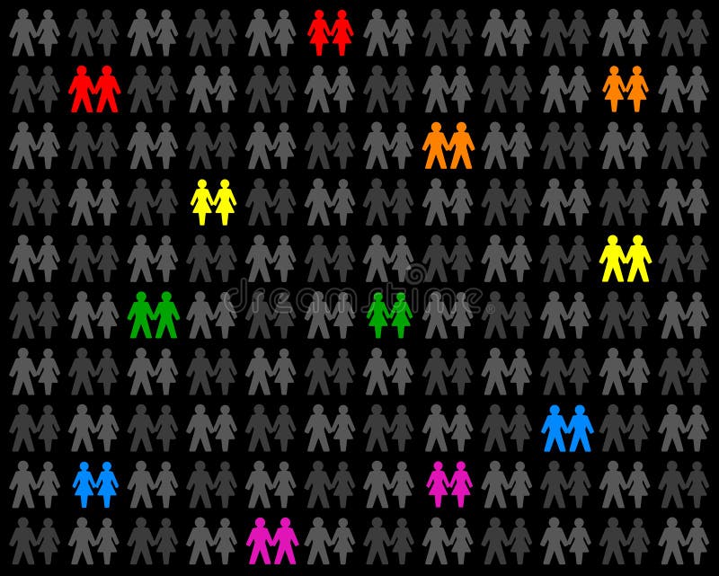 Icons of multicolored gay couples, that stand out from the gray crowd. Isolated vector on black background. Icons of multicolored gay couples, that stand out from the gray crowd. Isolated vector on black background.