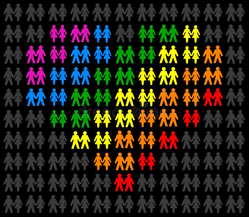 Icons of gay couples, that form a multicolored heart and stand out from the gray crowd. Isolated vector on black background. Icons of gay couples, that form a multicolored heart and stand out from the gray crowd. Isolated vector on black background.