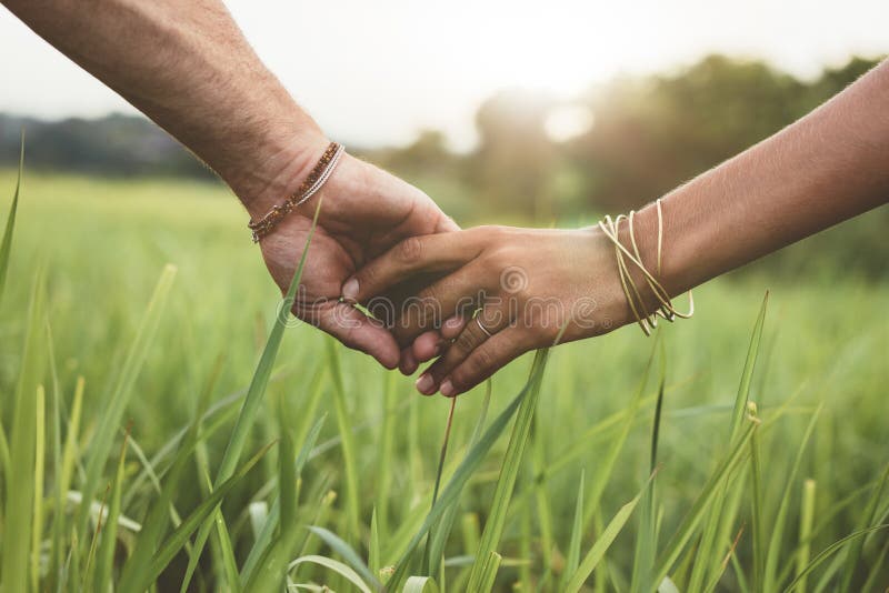 Coppie romantiche che si tengono per mano in un campo fotografia stock libera da diritti