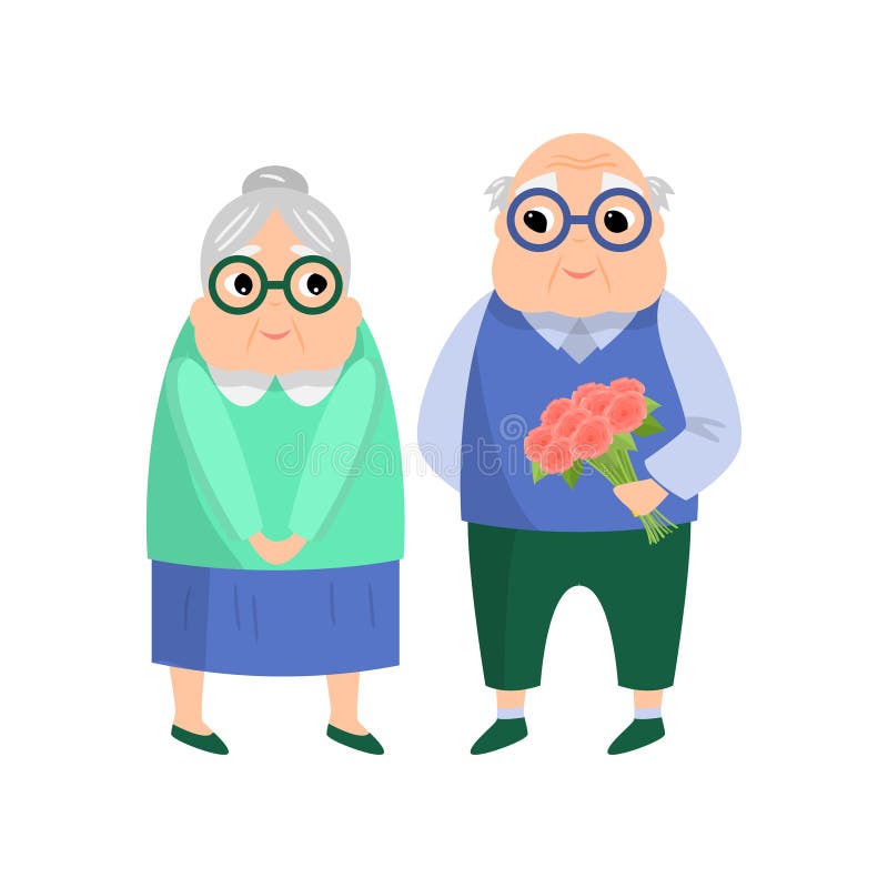 Coppie senior adorabili, uomo anziano dare il mazzo del fiore illustrazione vettoriale Coppie senior adorabili, uomo anziano dare il mazzo del fiore illustrazione vettoriale