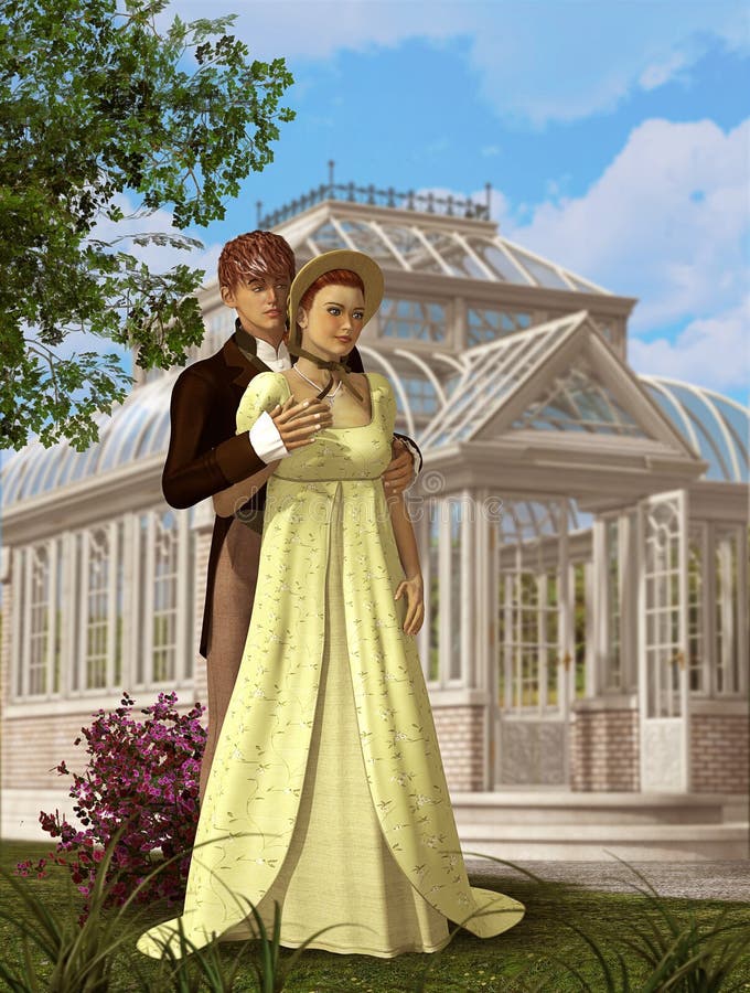 Coppie vittoriane romantiche nella riunione di amore in un parco royalty illustrazione gratis
