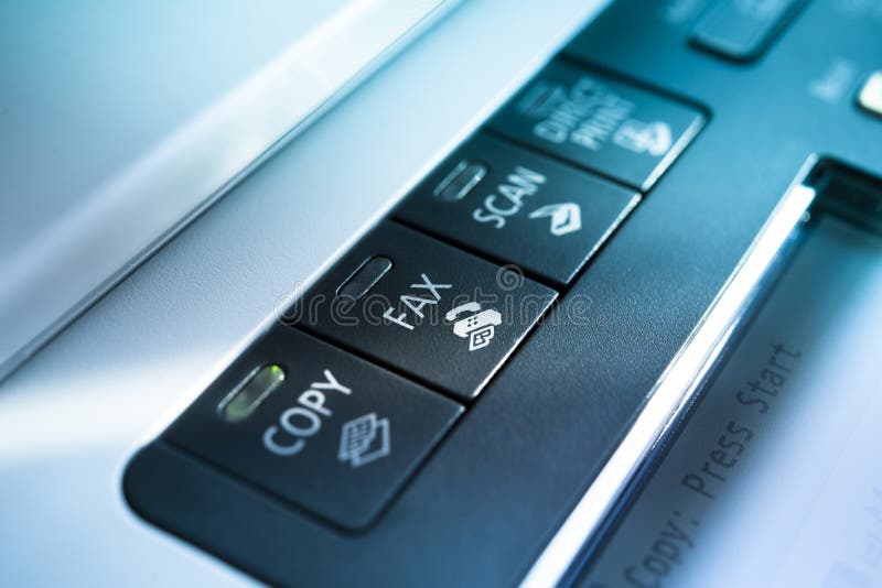 Copy and fax button on a copy machine with blue lights