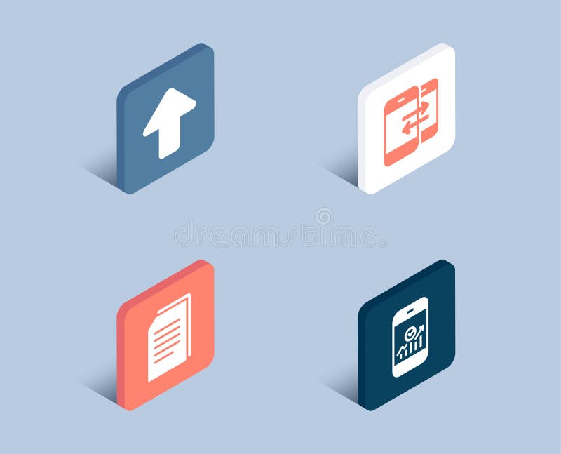Copy files, Phone communication and Upload icons. Smartphone statistics sign. royalty free illustration
