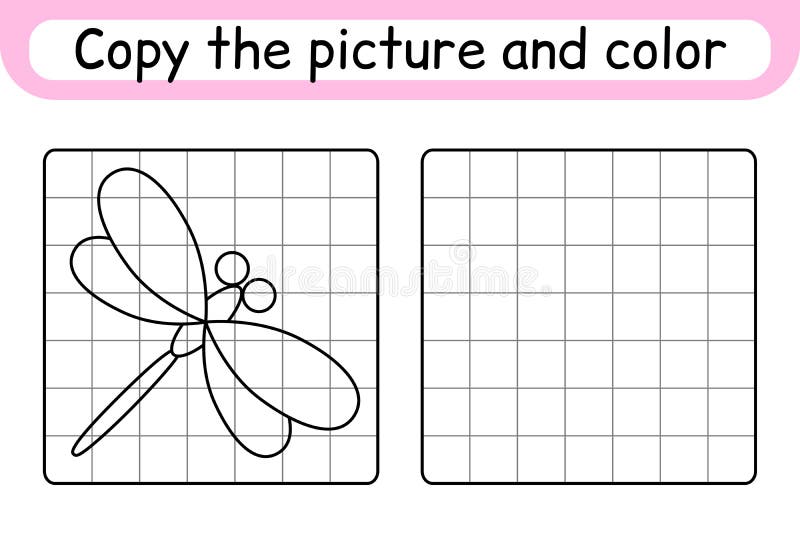 Copy the picture and color dragonfly. Complete the picture. Finish the image. Coloring book. Educational drawing exercise game for children. Vector illustration