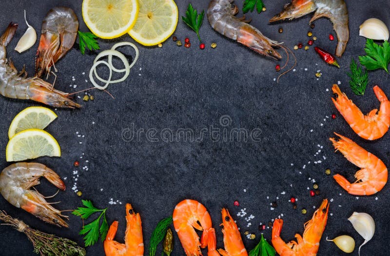 Copy Space Frame with Seafood Shrimps and Ingredients stock photo Copy Space Frame with Seafood Shrimps and Ingredients stock photo