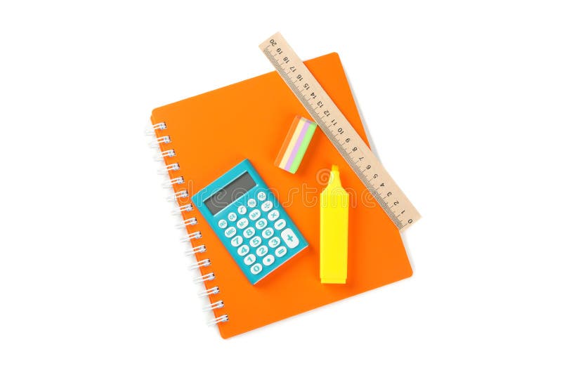 Copybook with calculator, marker, eraser and ruler isolated on background