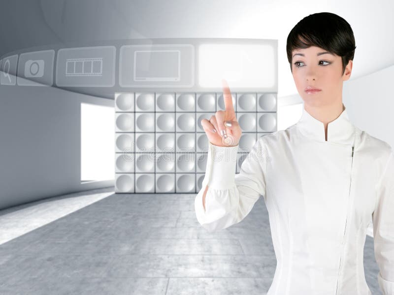 Copyspace futurista do dedo do toque da mulher