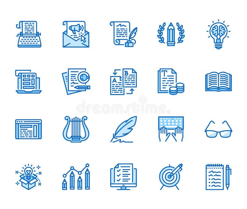 Copywriting flat line icons set. Writer typing text, social media content, e-mail newsletter, creative idea, typewriter vector illustrations. Writing thin signs. Pixel perfect 64x64. Editable Strokes. Copywriting flat line icons set. Writer typing text, social media content, e-mail newsletter, creative idea, typewriter vector illustrations. Writing thin signs. Pixel perfect 64x64. Editable Strokes.