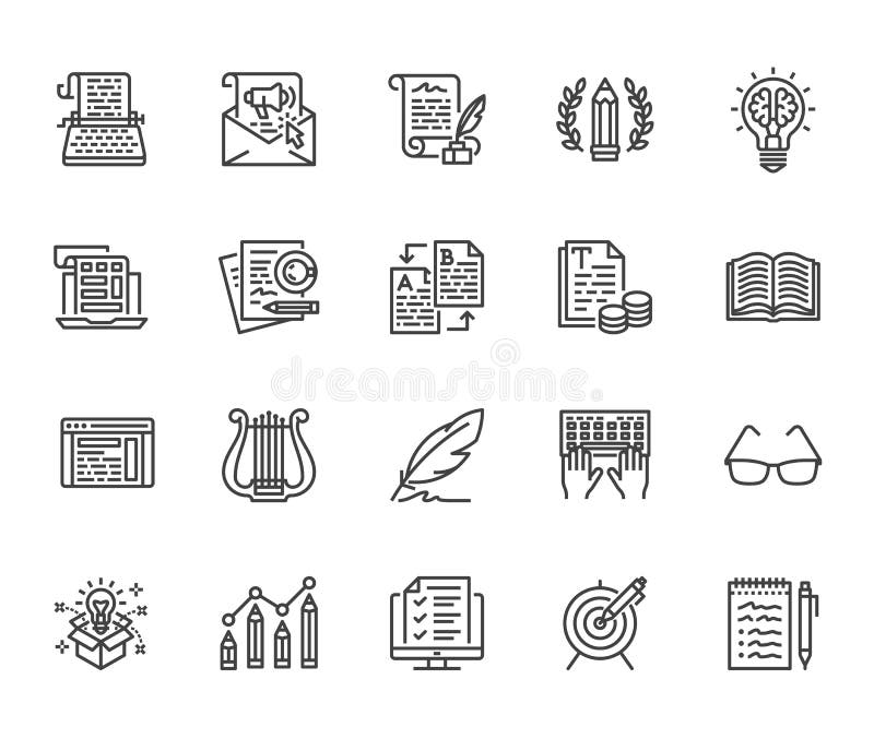 Copywriting flat line icons set. Writer typing text, social media content, e-mail newsletter, creative idea, typewriter vector illustrations. Writing thin signs. Pixel perfect 64x64. Editable Strokes. Copywriting flat line icons set. Writer typing text, social media content, e-mail newsletter, creative idea, typewriter vector illustrations. Writing thin signs. Pixel perfect 64x64. Editable Strokes.