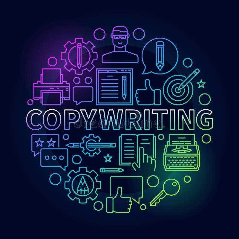 Copywriting round bright illustration. Vector colorful sign made with outline writing and blogging icons and word copywriting on dark background