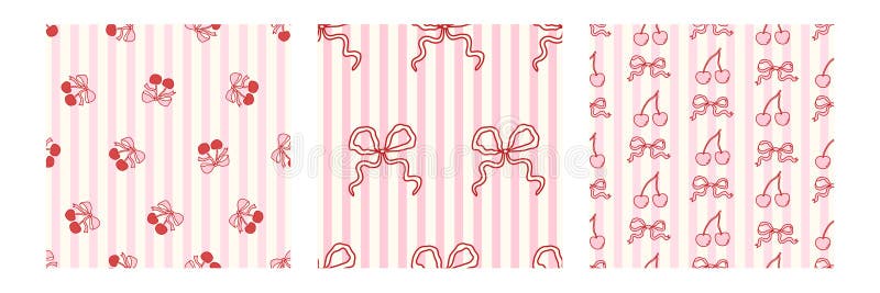 Coquette seamless pattern set with hand drawn bows and cherries on pink striped backgrounds, cute red line doodles, girly romantic aesthetic, playful feminine design for fabric, wrapping, stationery. Seamless bow stock images, royalty-free photos and pictures