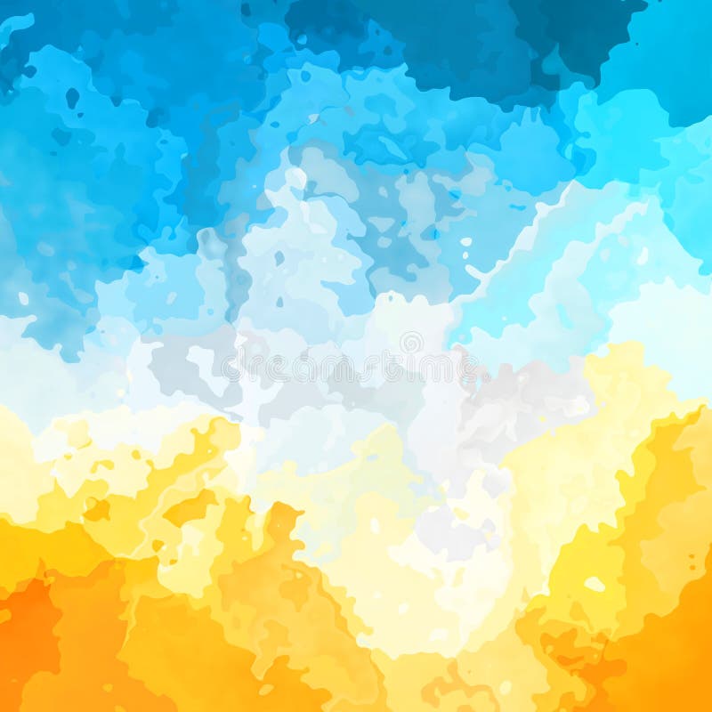 Abstract stained pattern texture square background sunny yellow sky blue white clouds color - modern painting art - watercolor splotch effect. Abstract stained pattern texture square background sunny yellow sky blue white clouds color - modern painting art - watercolor splotch effect