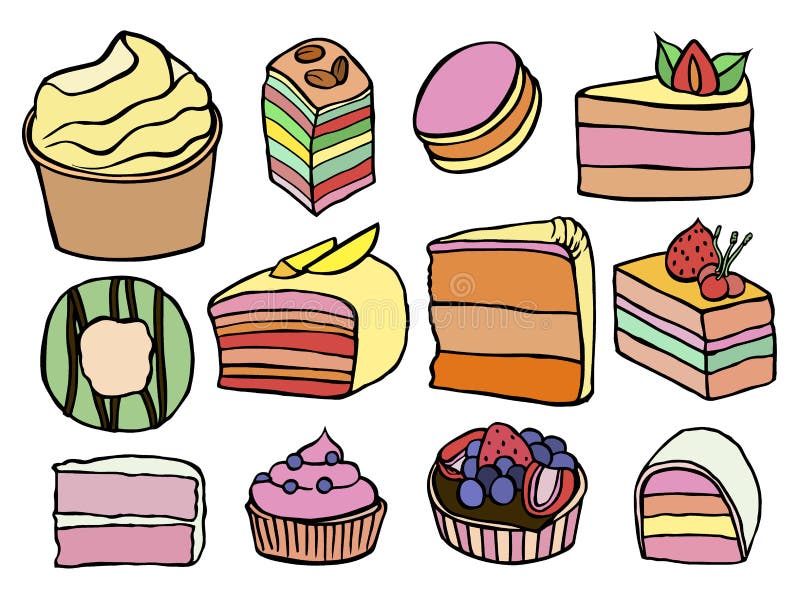 Ícones do jogo, bolos, doces e sobremesas isolados no fundo