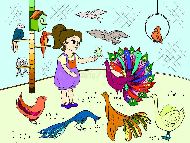 Cor dos desenhos animados das crianças o jardim zoológico dos pássaros do contato Livro ilustrado do pássaro Ornitologia para a m ilustração do vetor Cor dos desenhos animados das crianças o jardim zoológico dos pássaros do contato Livro ilustrado do pássaro Ornitologia para a m ilustração do vetor