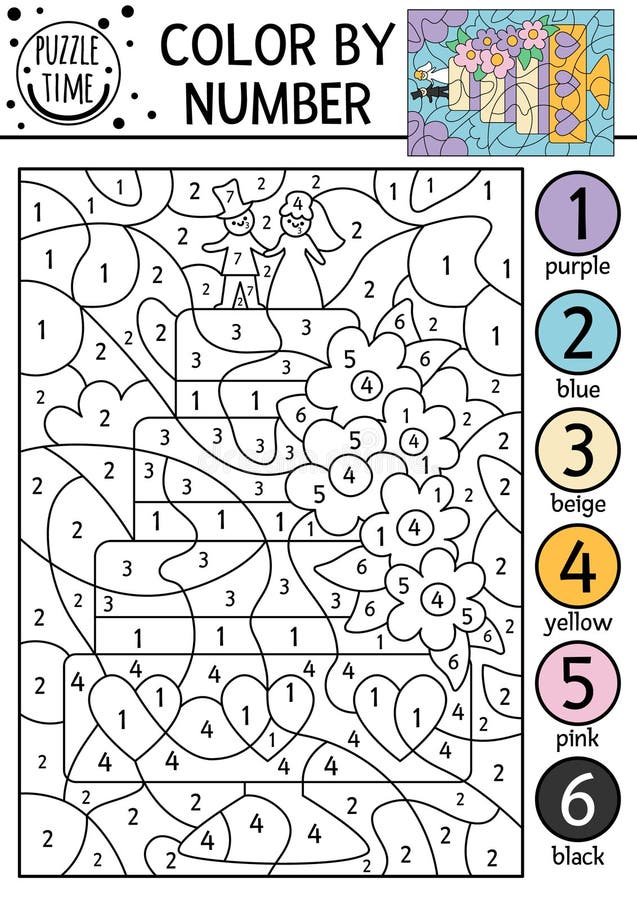 Cor Vetorial Por Atividade Numérica Com Bolo De Casamento Fofo. Sobremesa  De Cerimônia De Casamento Decorada Com Flores E Noiva E Ilustração do Vetor  - Ilustração de bolo, flores: 271015894