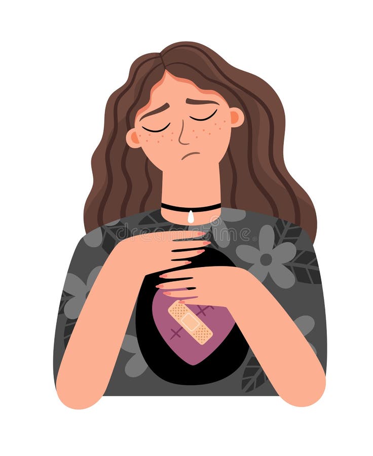 Mulher com depressão emocional. desenho animado jovem em pose triste,  conceito de coração partido, ilustração vetorial de personagem com  pensamento ansioso sobre fundo preto