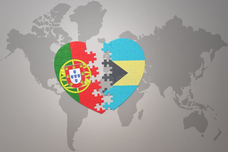 Mapa-múndi com bandeira de portugal no alfinete com o nome do país em fundo  cinza