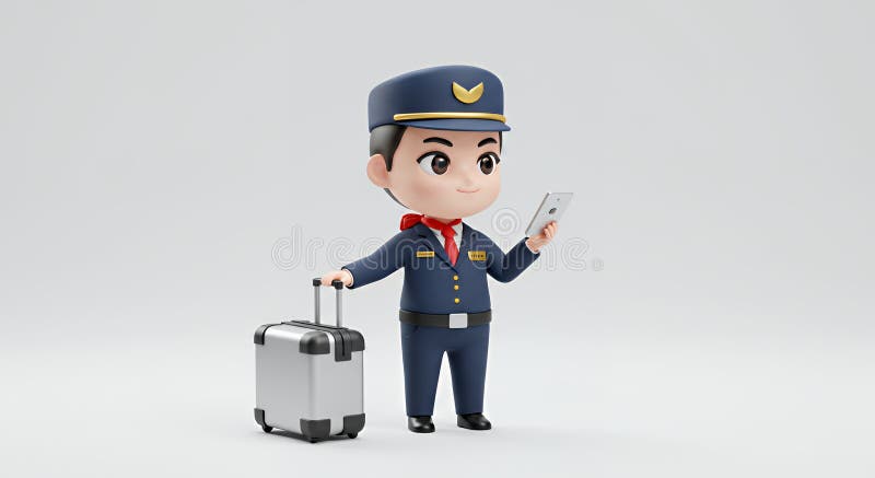 Coraggioso rendering 3D dell'addetto al volo Chibi Coreano isolato su White royalty illustrazione gratis