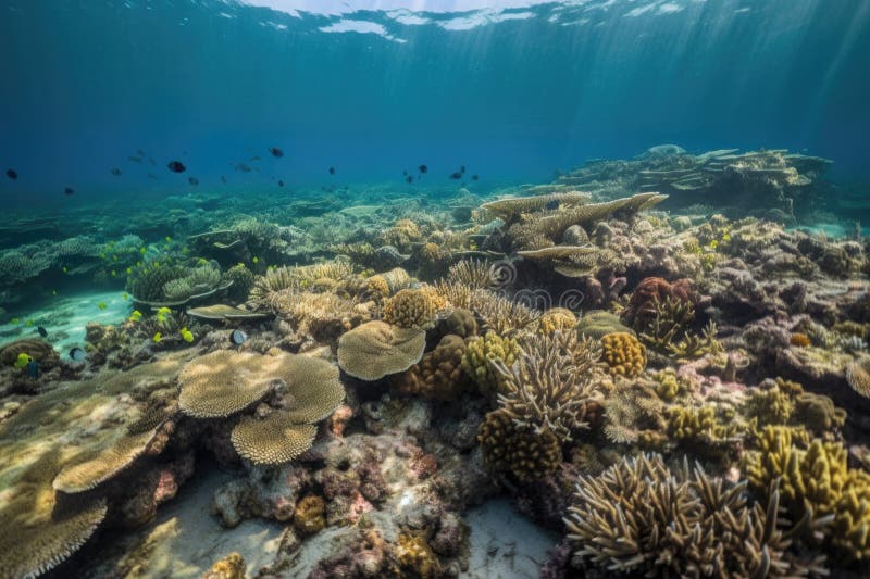 Coral Reef Surrounded by Diverse Marine Ecosystem, with Schools of Fish ...