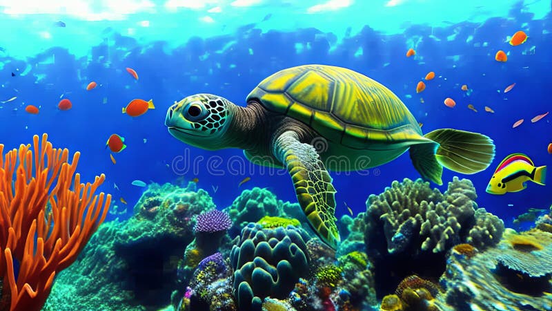 Coral Reef Underwater with Vibrant Fish and a Turtle. Stock Photo ...